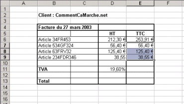 Copie d'une formule sous Excel